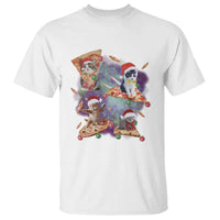 White crew-neck T-shirt with colorful cat Santa pizza galaxy graphic front