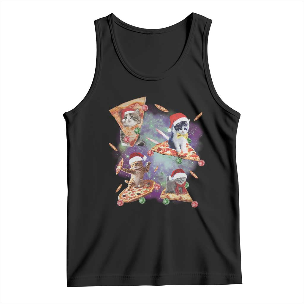 Black tank top with cat Santa riding pizza in space graphic