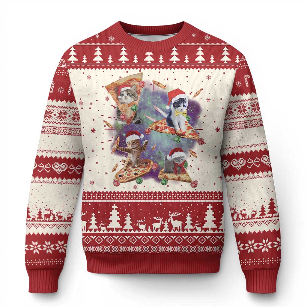 Red & cream Christmas cat sweater, long sleeves, cat graphic with holiday pattern