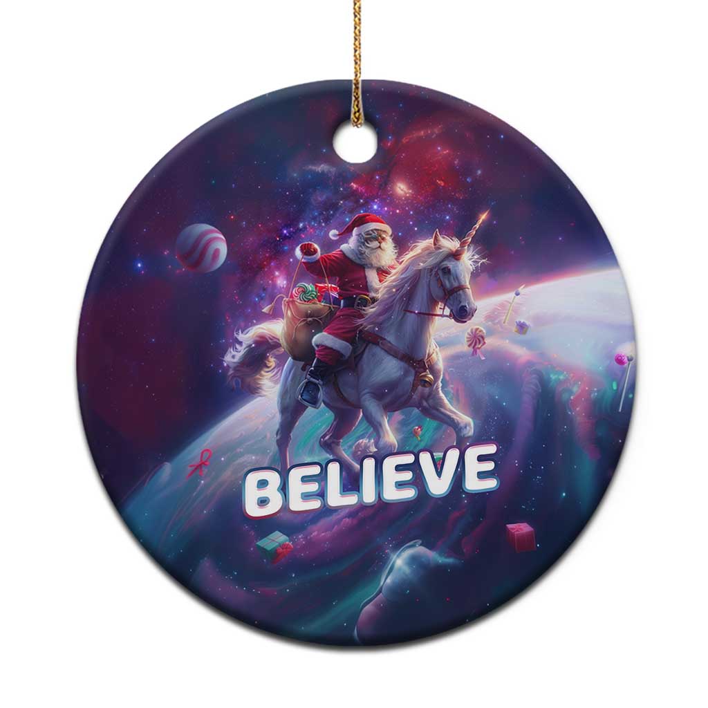 Galaxy round Christmas ornament with Santa cat riding a unicorn, text “BELIEVE”