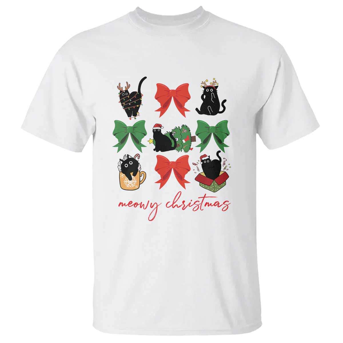 Christmas cat graphic T-shirt, white; red bows and colorful cat illustration on front