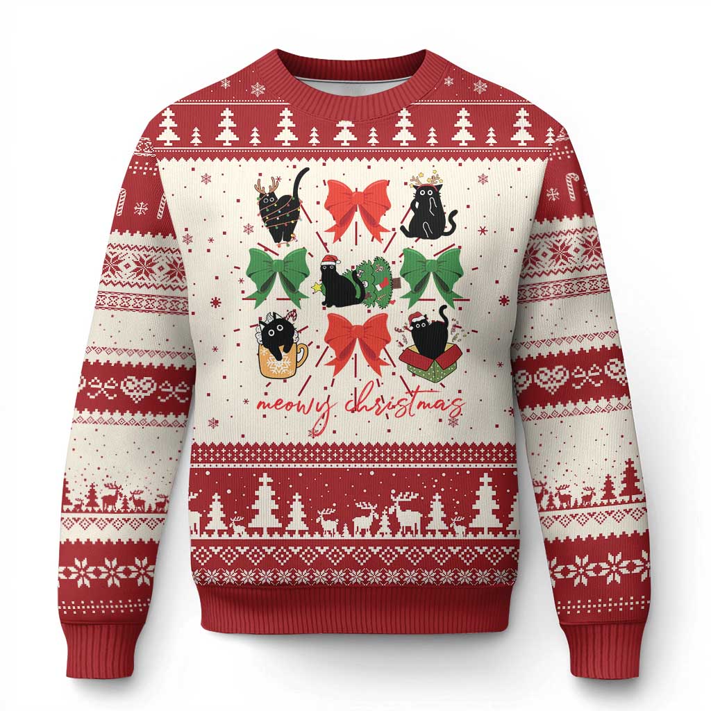 Red ugly Christmas sweater with cat-and-bow graphic and festive tree border