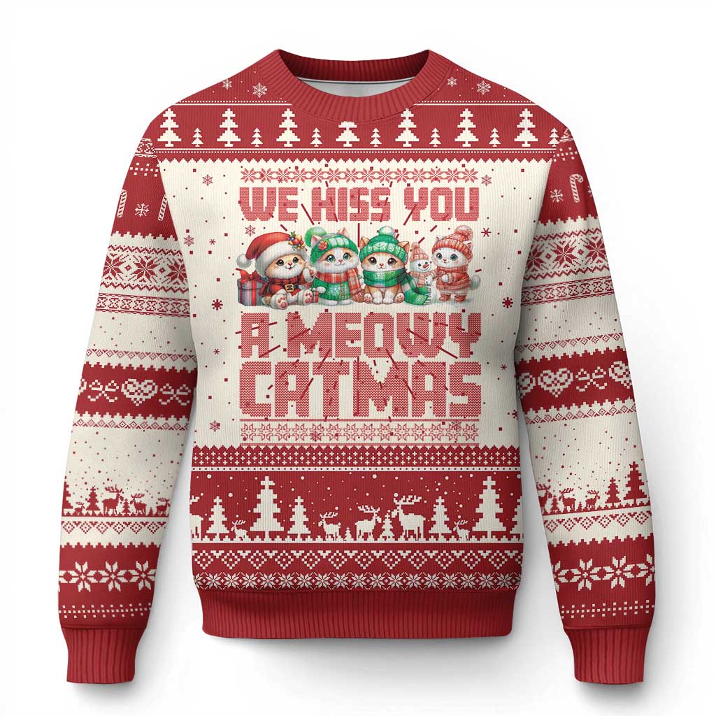 Red crewneck ugly Christmas sweater with cat graphic and tree fair isle stripes
