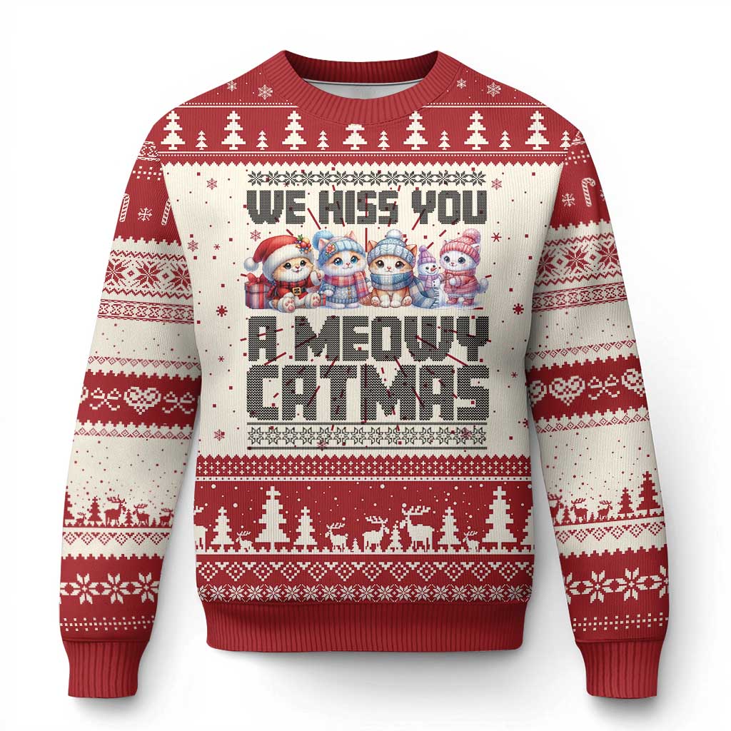 Red ugly Christmas sweater with cat graphic, 'We Hiss You' text, festive stripes