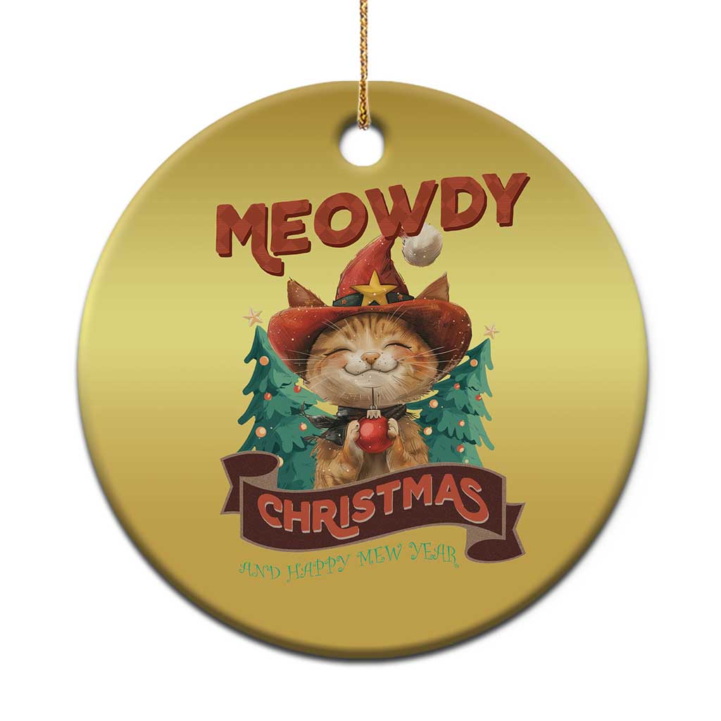 Gold round Christmas cat ornament with cowboy hat, “MEOWDY” and “CHRISTMAS” text.