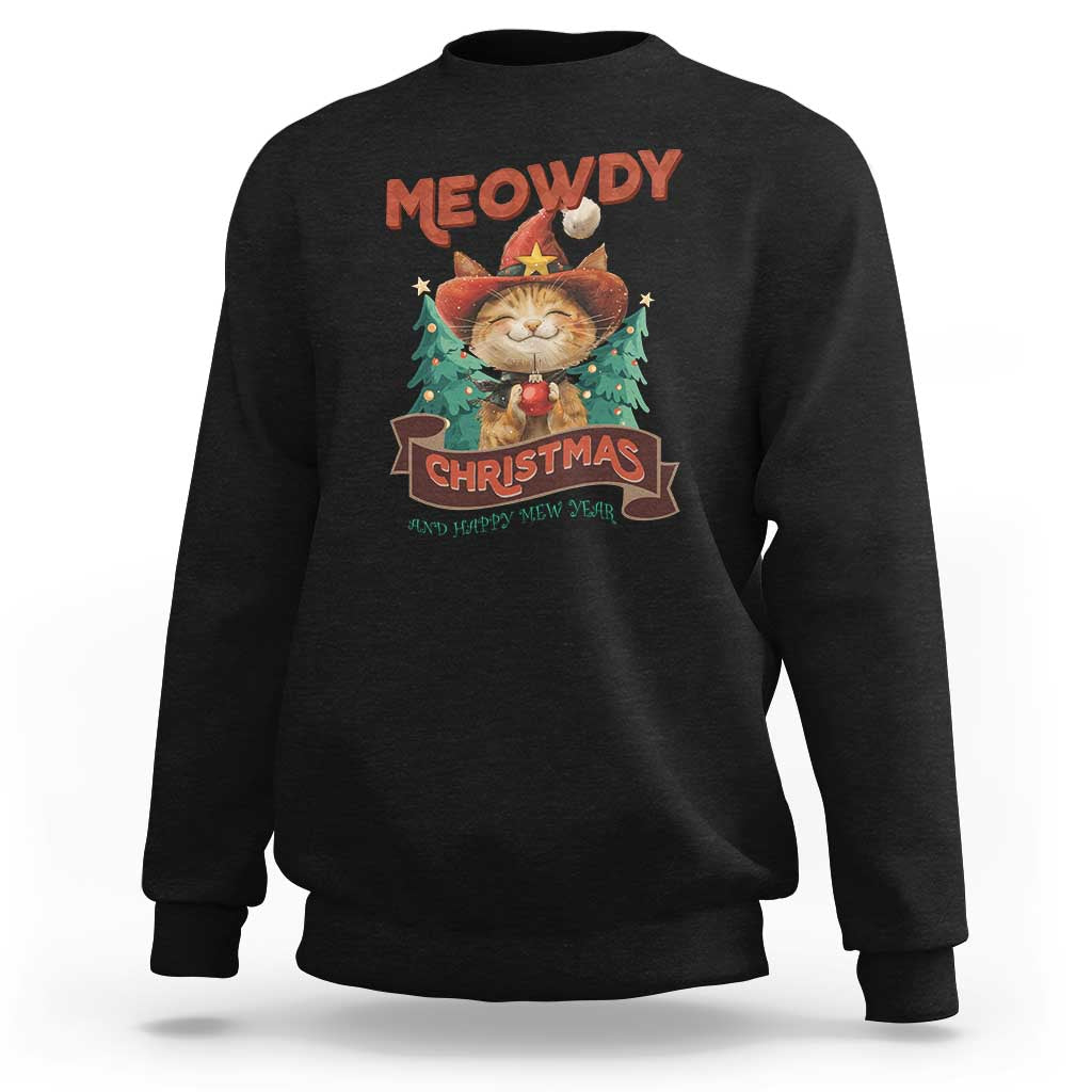 Black Christmas cat sweatshirt with cowboy hat graphic and “Christmas” badge