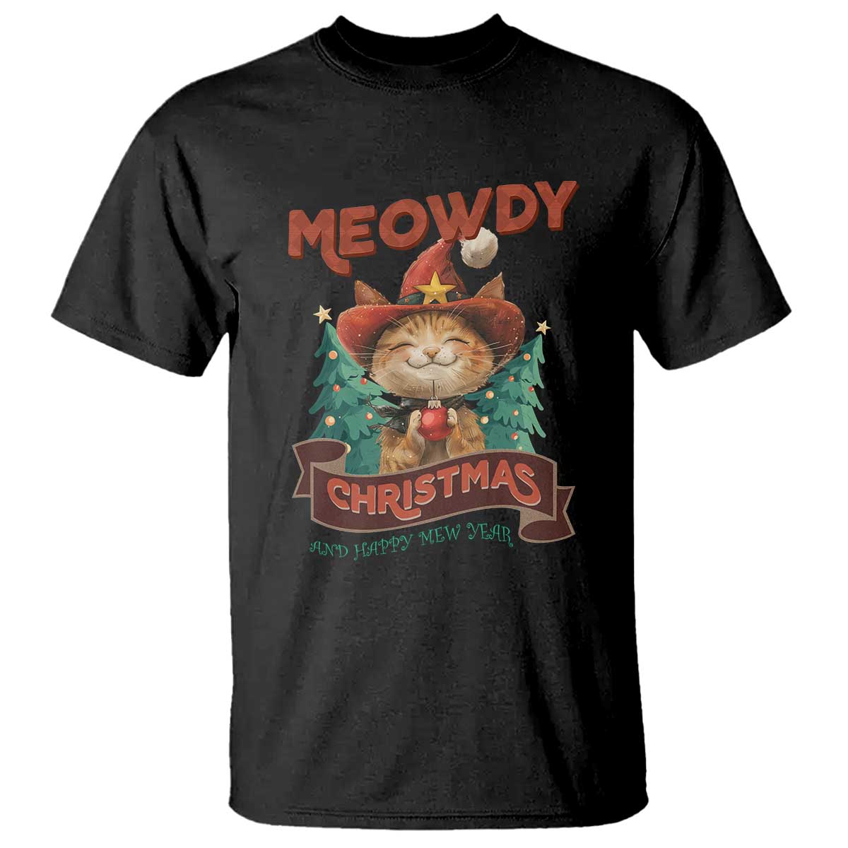 Black crewneck Christmas cat graphic T-shirt with 'MEOWDY' and 'CHRISTMAS' text