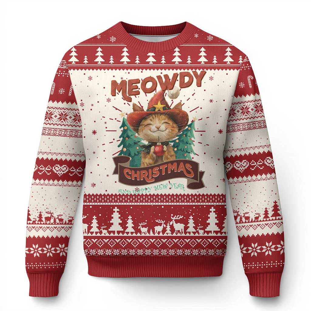 Red ugly Christmas sweater with cat graphic, tree pattern, and festive text
