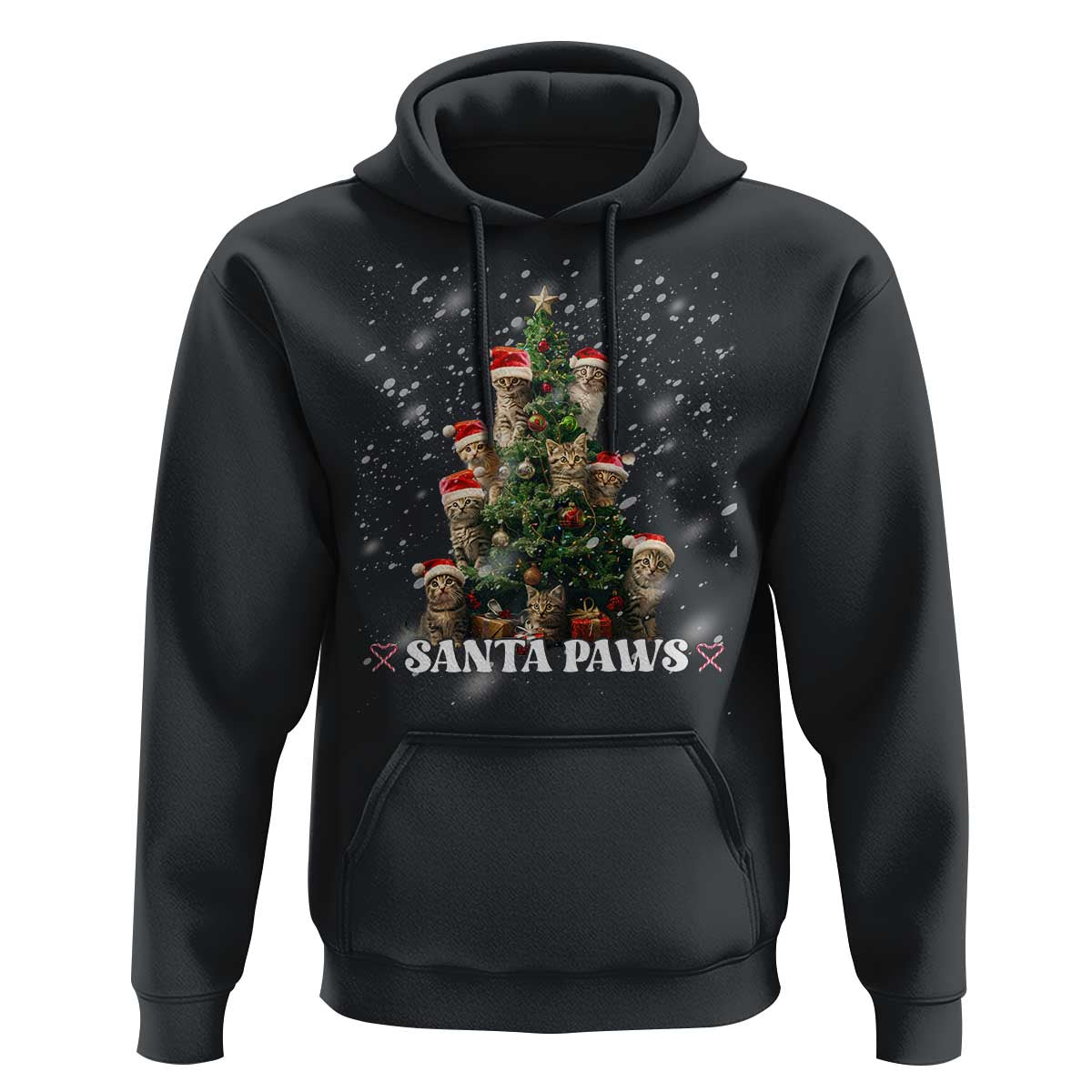 Black Christmas cat hoodie with Santa hat tree graphic and “Santa Paws” text