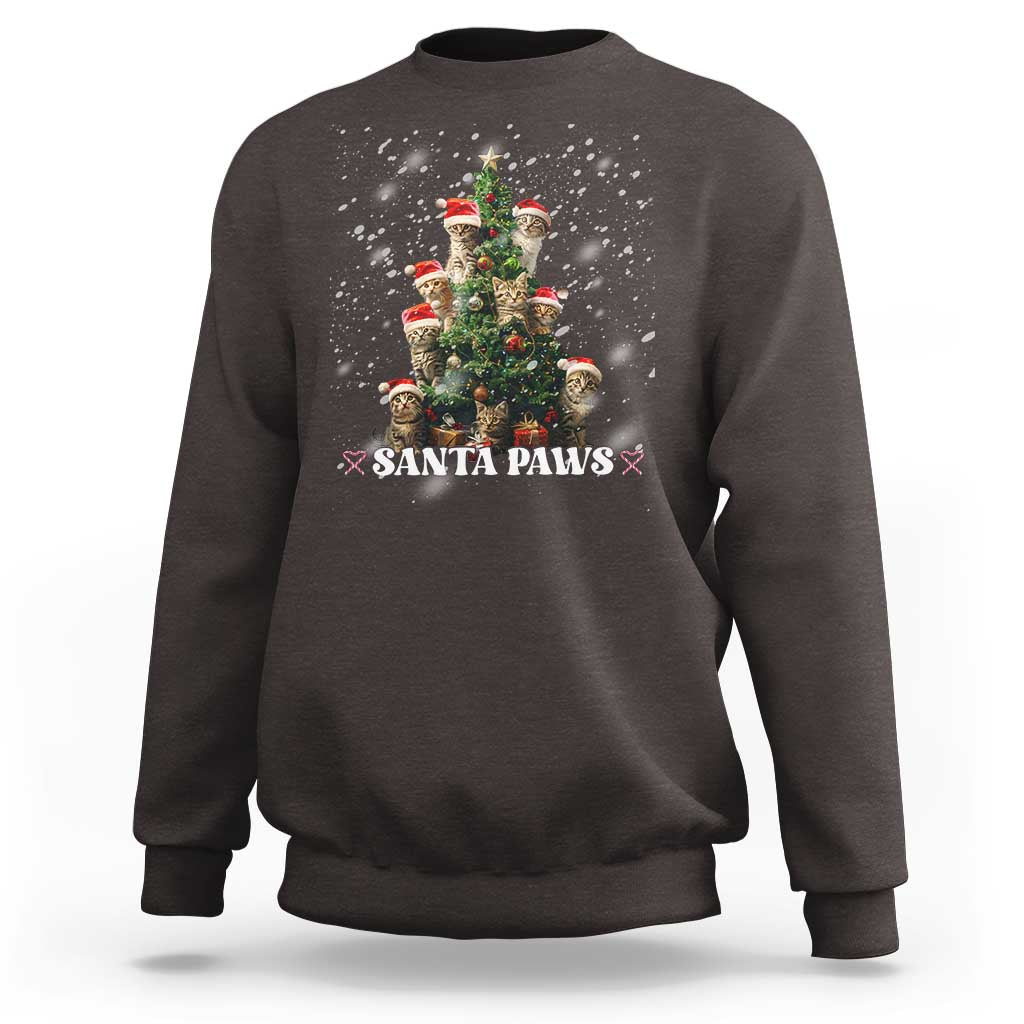 Christmas cat sweatshirt in dark gray with “Santa Paws” graphic and festive tree design