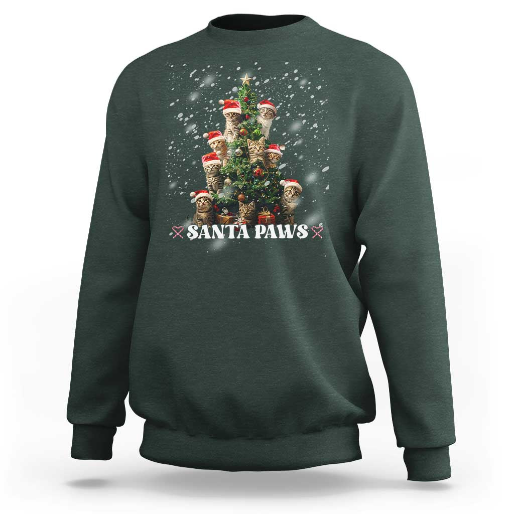 Christmas cat sweatshirt in dark forest green with “Santa Paws” graphic and tree design