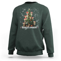 Christmas cat sweatshirt in dark forest green with “Santa Paws” graphic and tree design