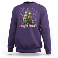 Christmas cat sweatshirt in purple with “Santa Paws” graphic and festive tree design