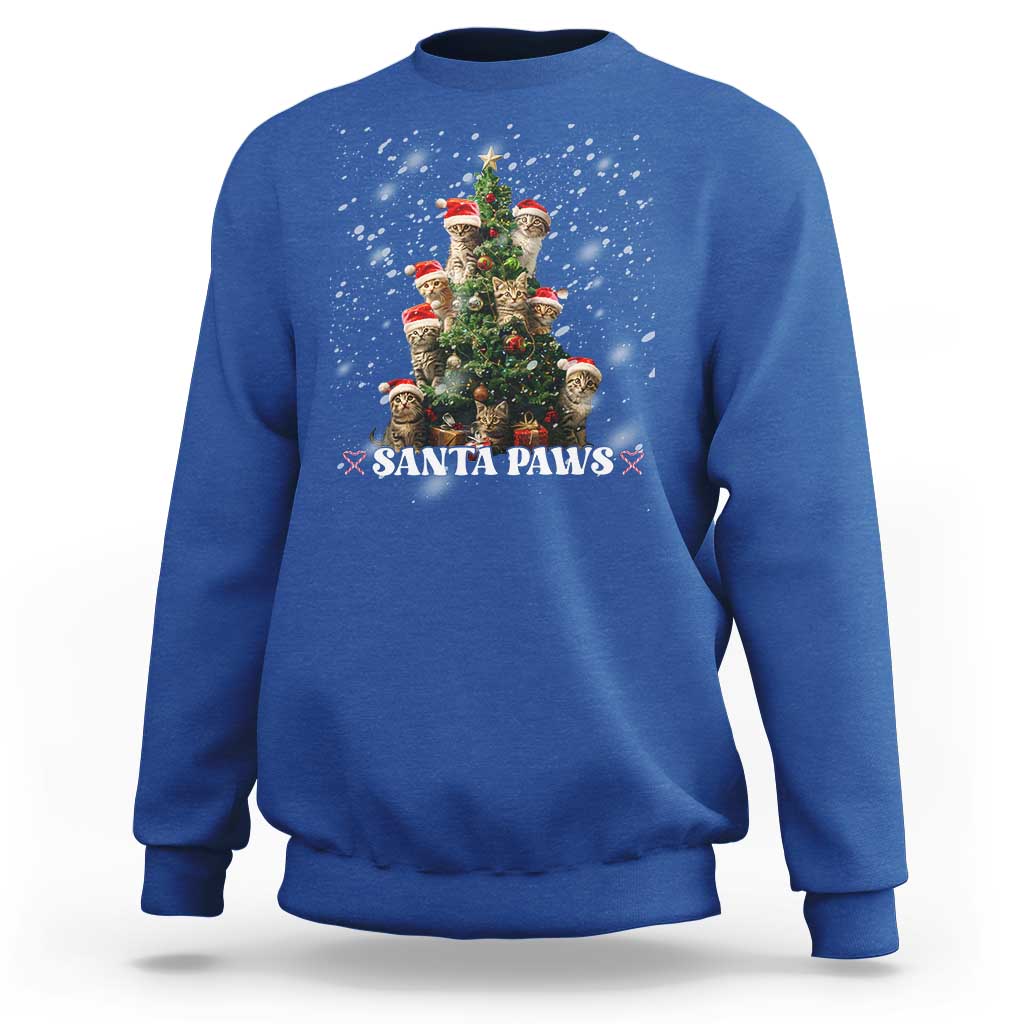 Christmas cat sweatshirt in royal blue with “Santa Paws” graphic and festive tree design