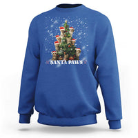 Christmas cat sweatshirt in royal blue with “Santa Paws” graphic and festive tree design