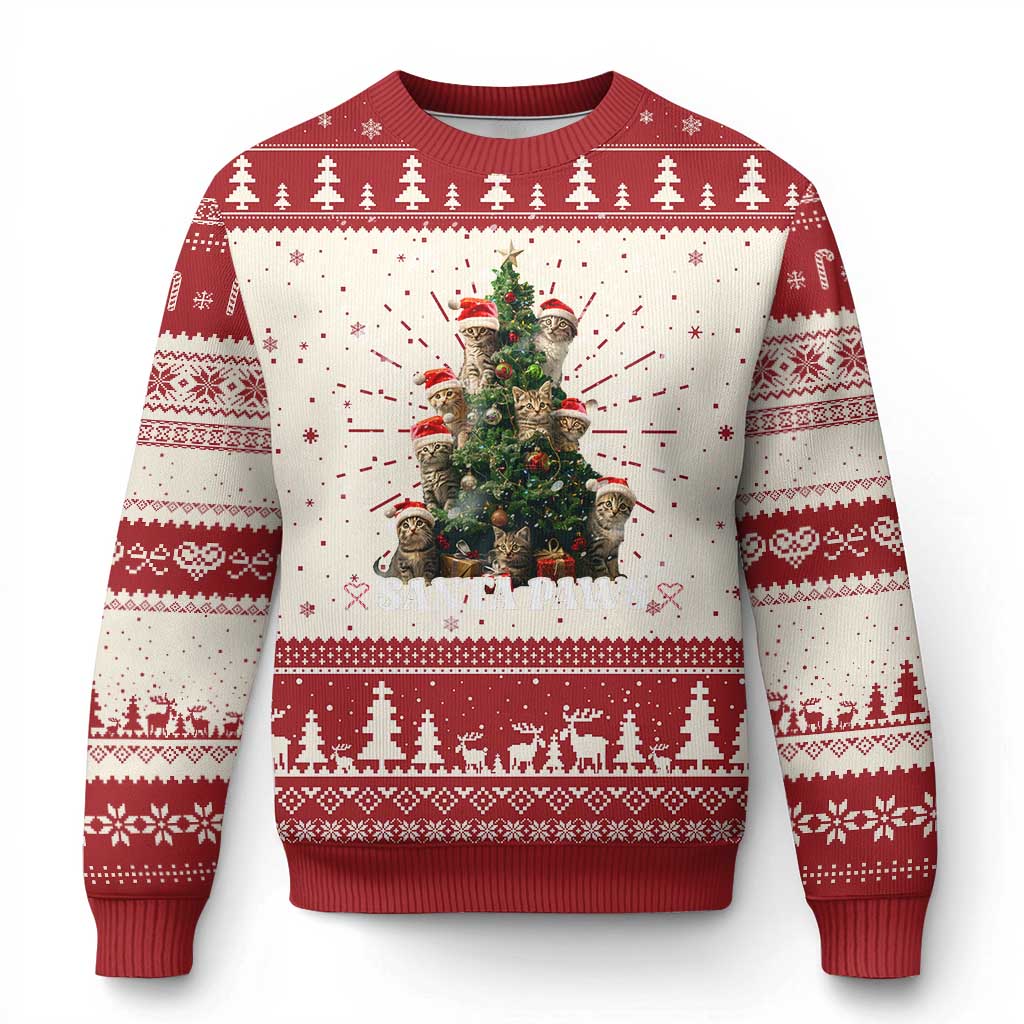 Red and cream Christmas sweater with cat-and-tree graphic, crew neck, long sleeves.