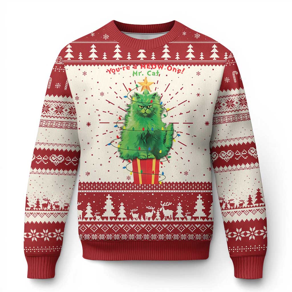 Red and white holiday cat ugly Christmas sweater with tree-and-gift graphic