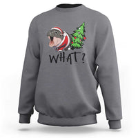 Charcoal sweatshirt with cartoon hippo pushing green Christmas tree, “WHAT?” front print