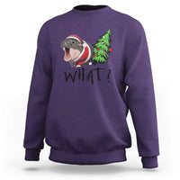 Purple sweatshirt with cartoon hippo pushing green Christmas tree, “WHAT?” front print