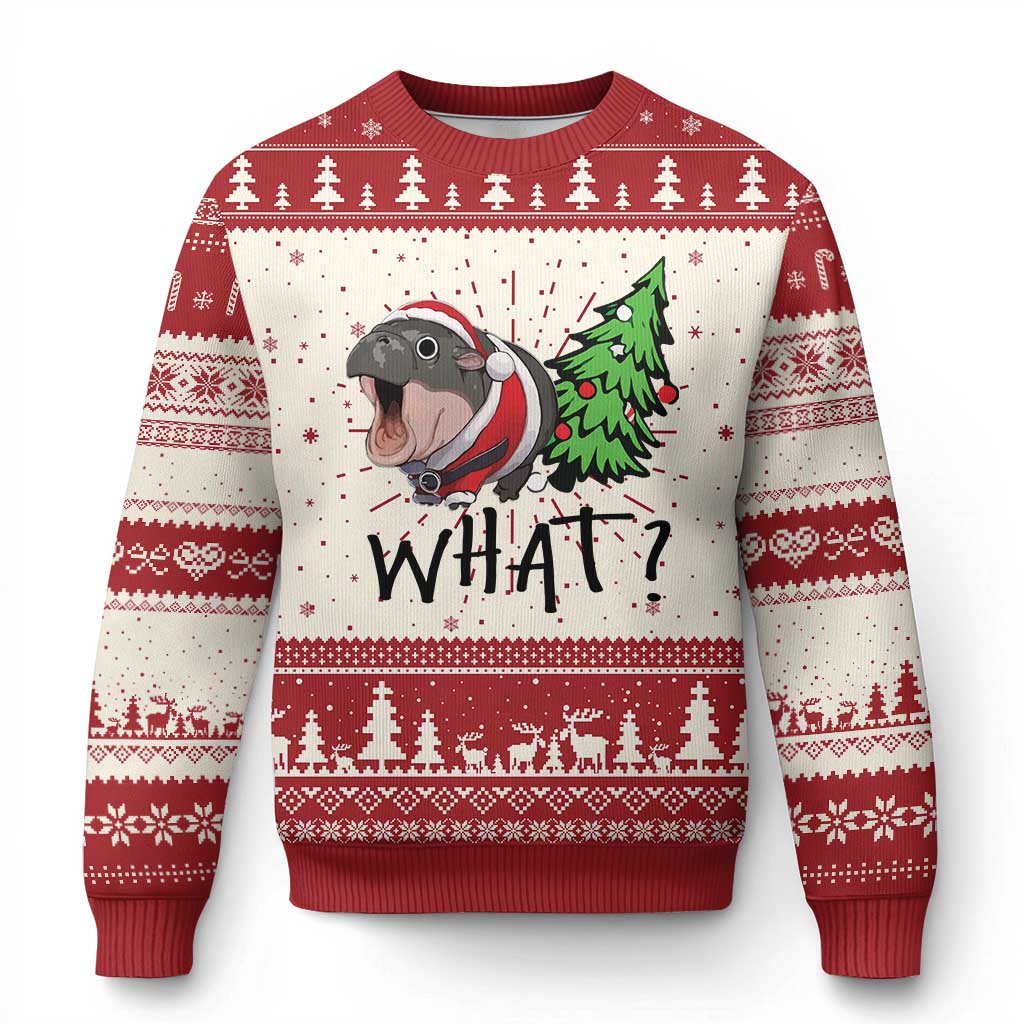Red ugly Christmas sweater with koala-face and pine tree graphic