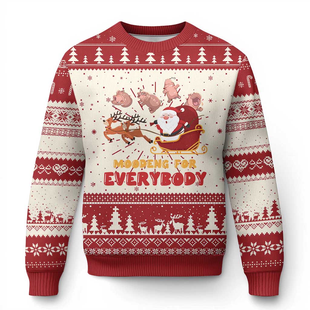 Ugly Christmas sweater with red border, white front, reindeer and “Everybody” graphic