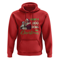Red pullover hoodie with 'I want a Moo Deng for Christmas' front graphic