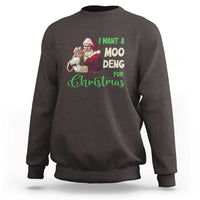 Moo Deng Christmas sweatshirt, charcoal gray, front graphic with Santa and text 'I WANT A MOO DENG'