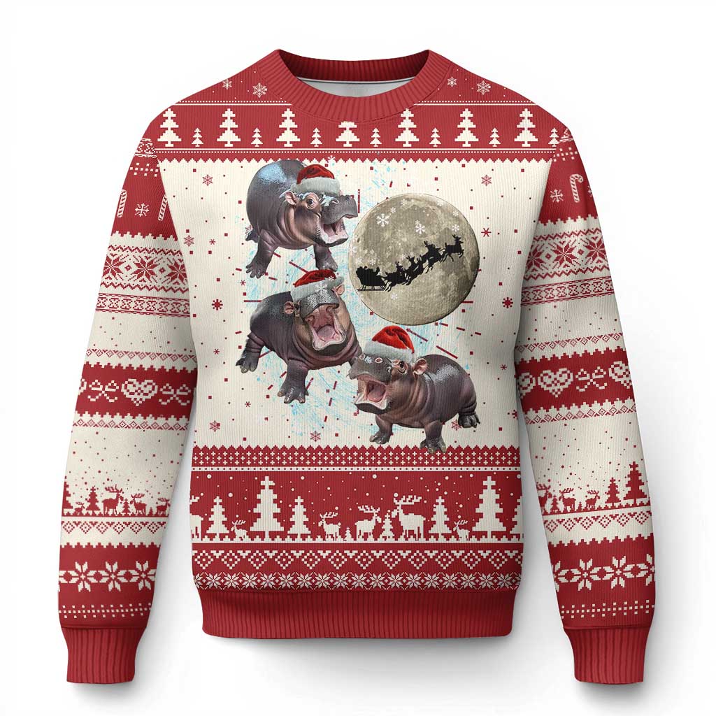 Red ugly Christmas sweater with hippo print, trees, and snowflake pattern
