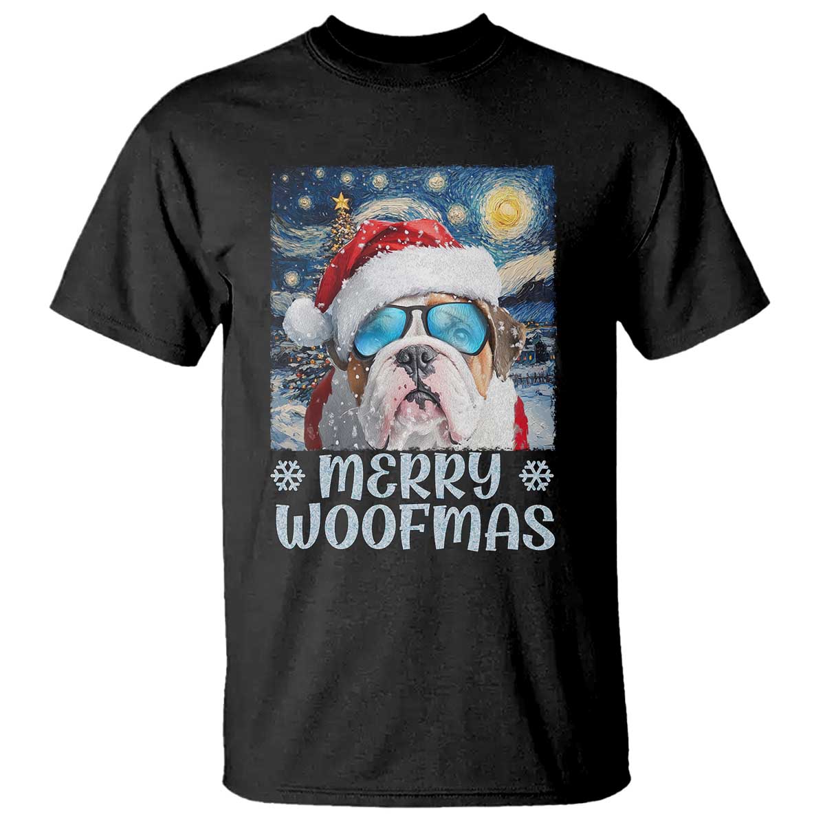 Black crewneck T-shirt with bulldog Santa-hat graphic and "Merry Woofmas" print