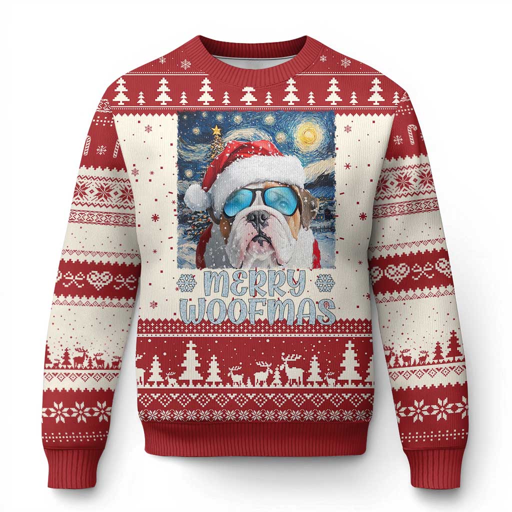 Red knit Christmas sweater with bulldog graphic and "Merry Woofmas" lettering