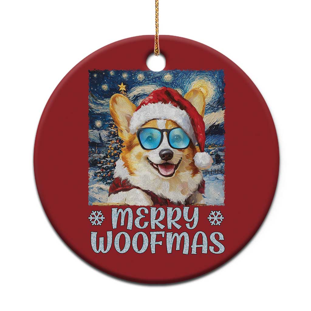 Red circular corgi Christmas ornament with Santa hat, glasses, and “MERRY WOOFMAS” text