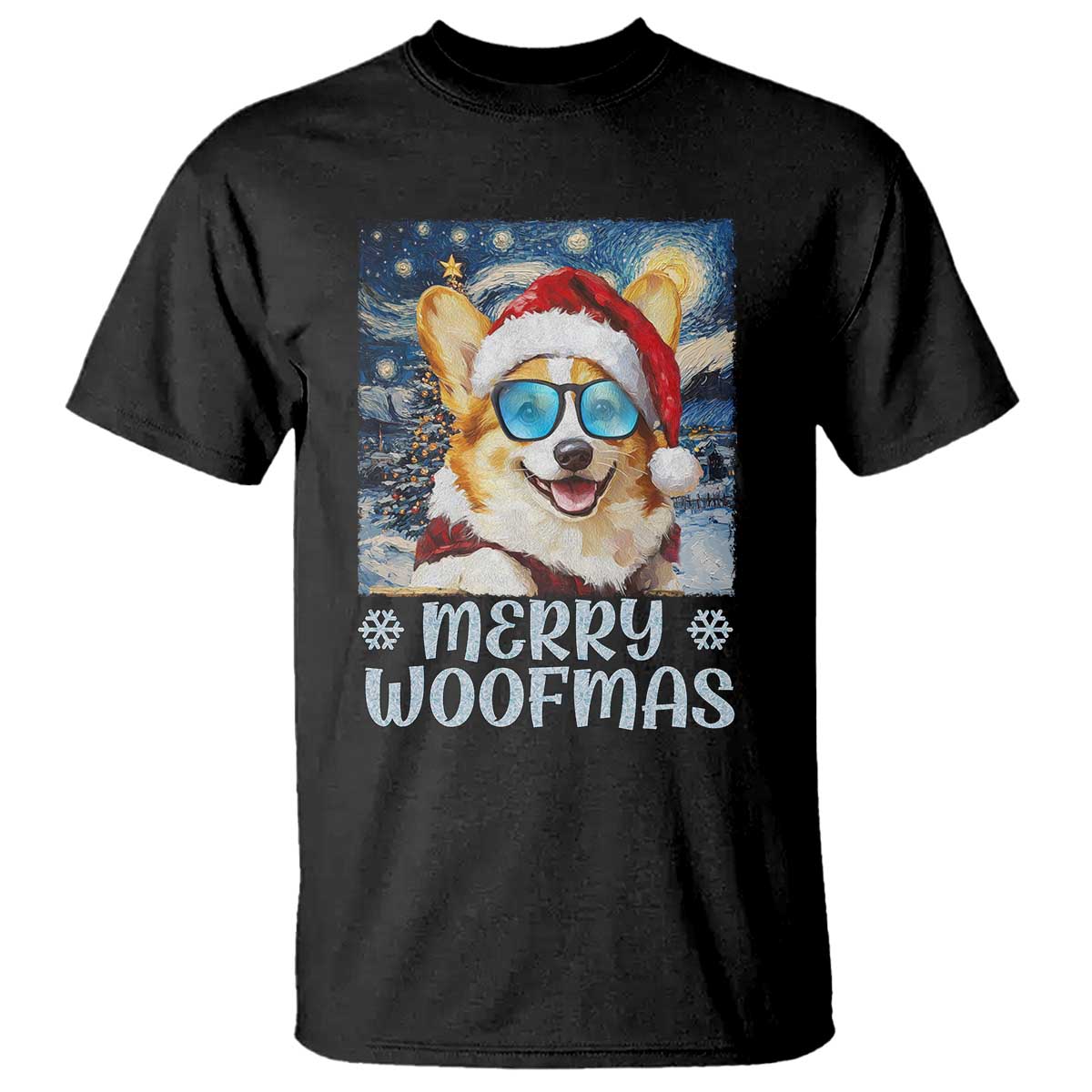 Black T-shirt with cartoon corgi wearing Santa hat and blue “Merry Woofmas” text