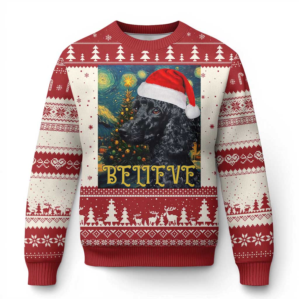 Red ugly Christmas sweater with dog graphic, Santa hat, and festive knit pattern.