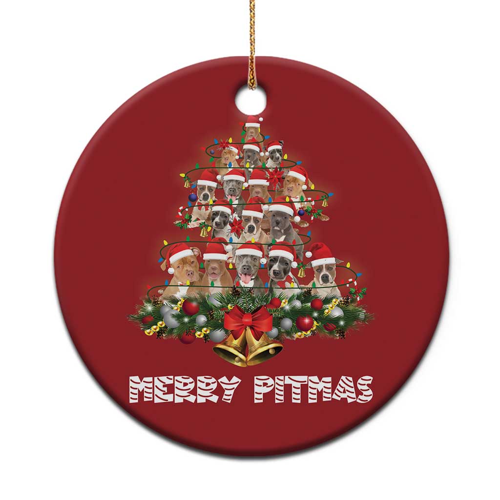 Red round Christmas ornament with pitbull-Santa graphic and “Merry Pitmas” text