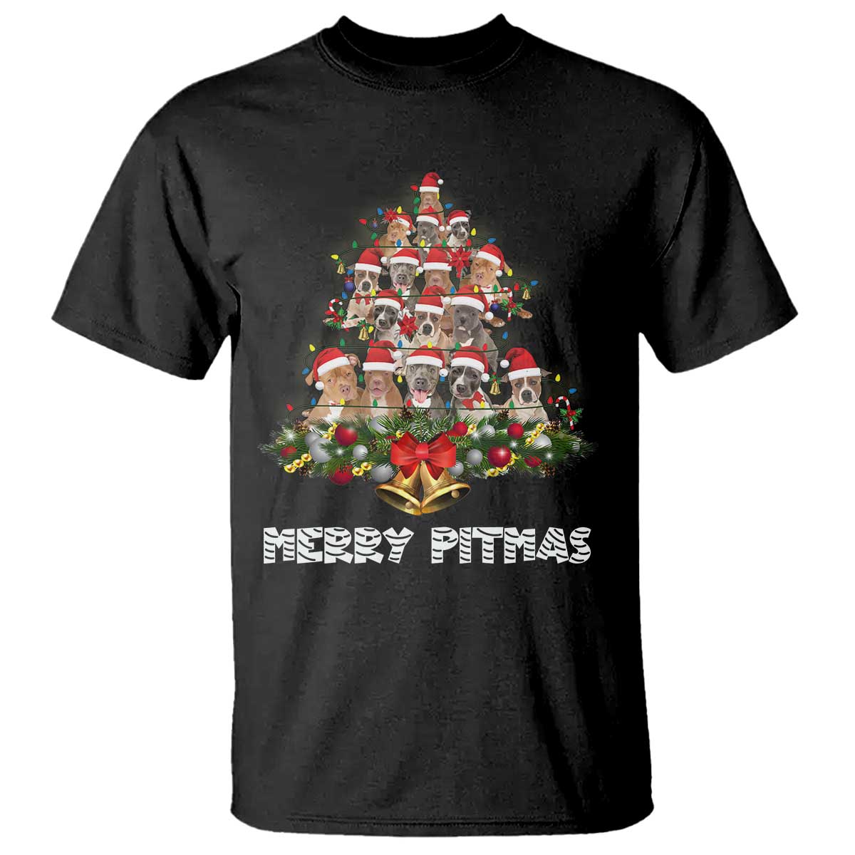 Black T-shirt with “Merry Pitmas” dog graphic, wreath, and stacked dog tree design