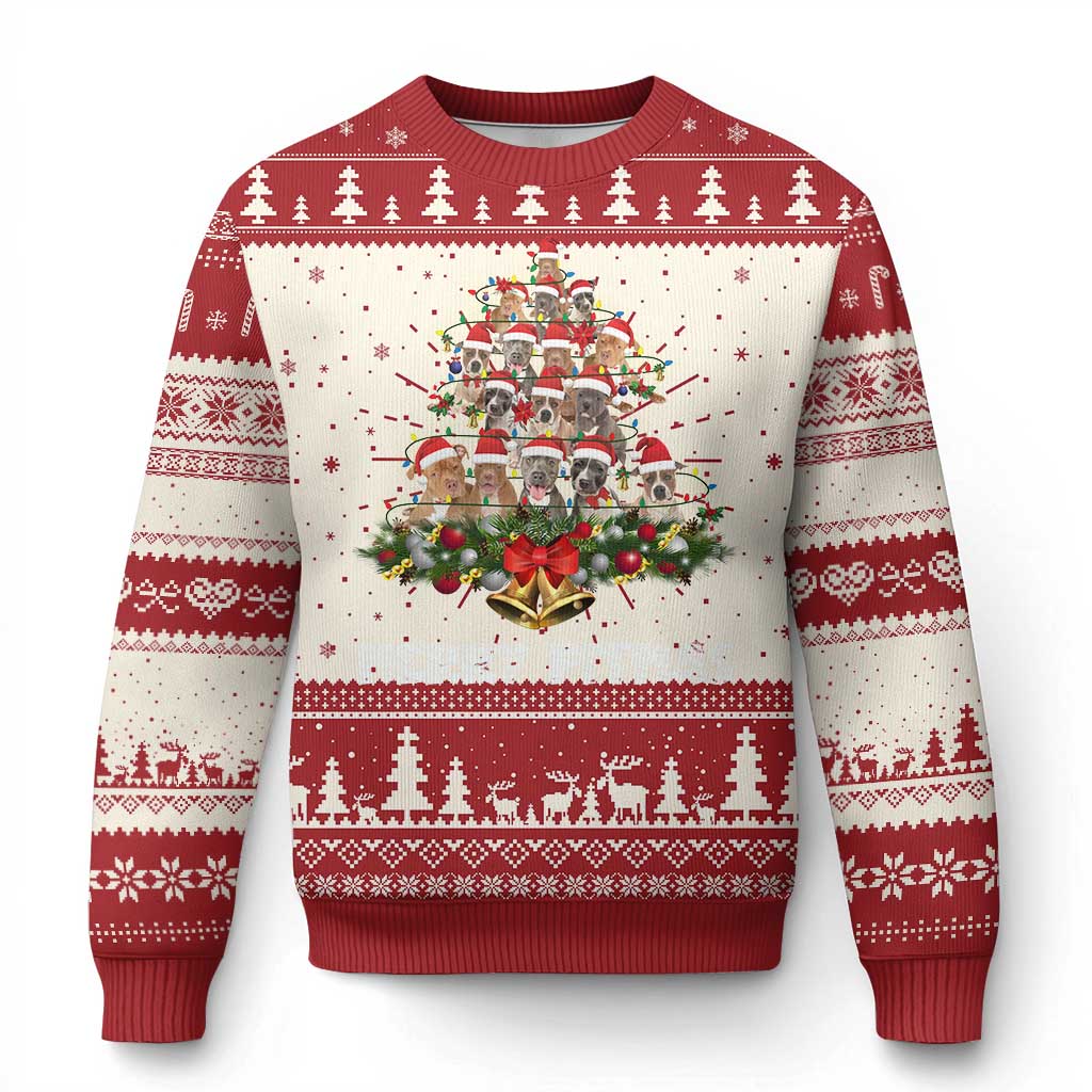 Red and cream Christmas sweater with dog graphic, trees, and festive knit pattern