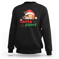 Black crewneck sweatshirt with Santa hat cat graphic and “Santa Paws” paw print design