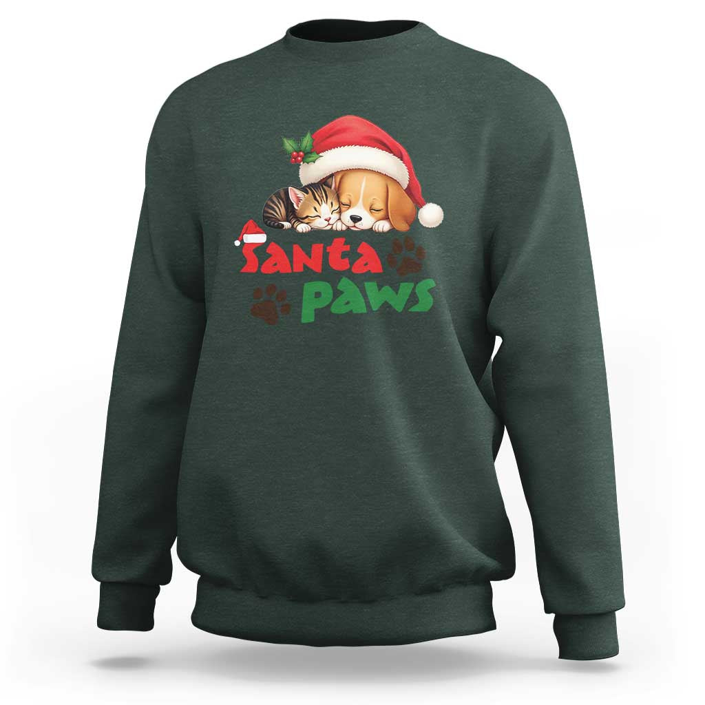 Dark forest green crewneck sweatshirt with Santa hat cat graphic and “Santa Paws” paw print design