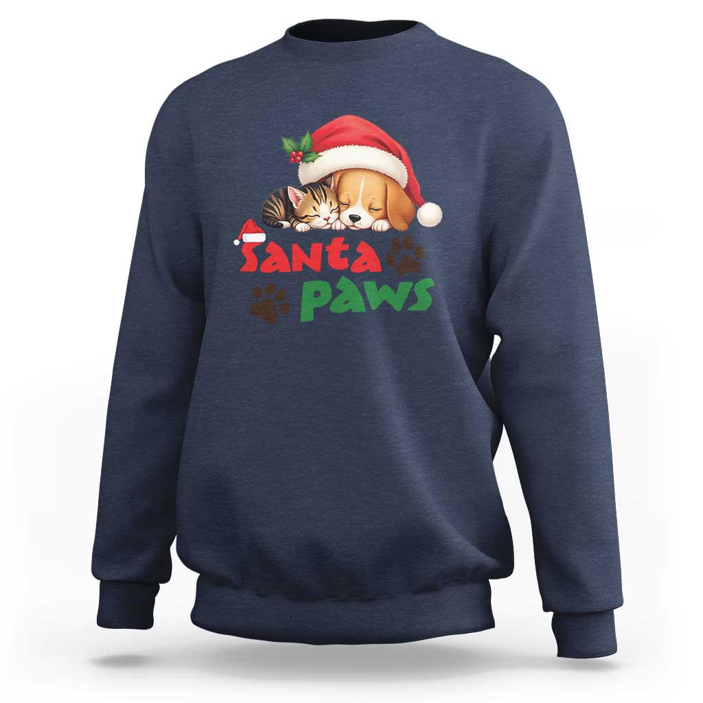 Navy crewneck sweatshirt with Santa hat cat graphic and “Santa Paws” paw print design
