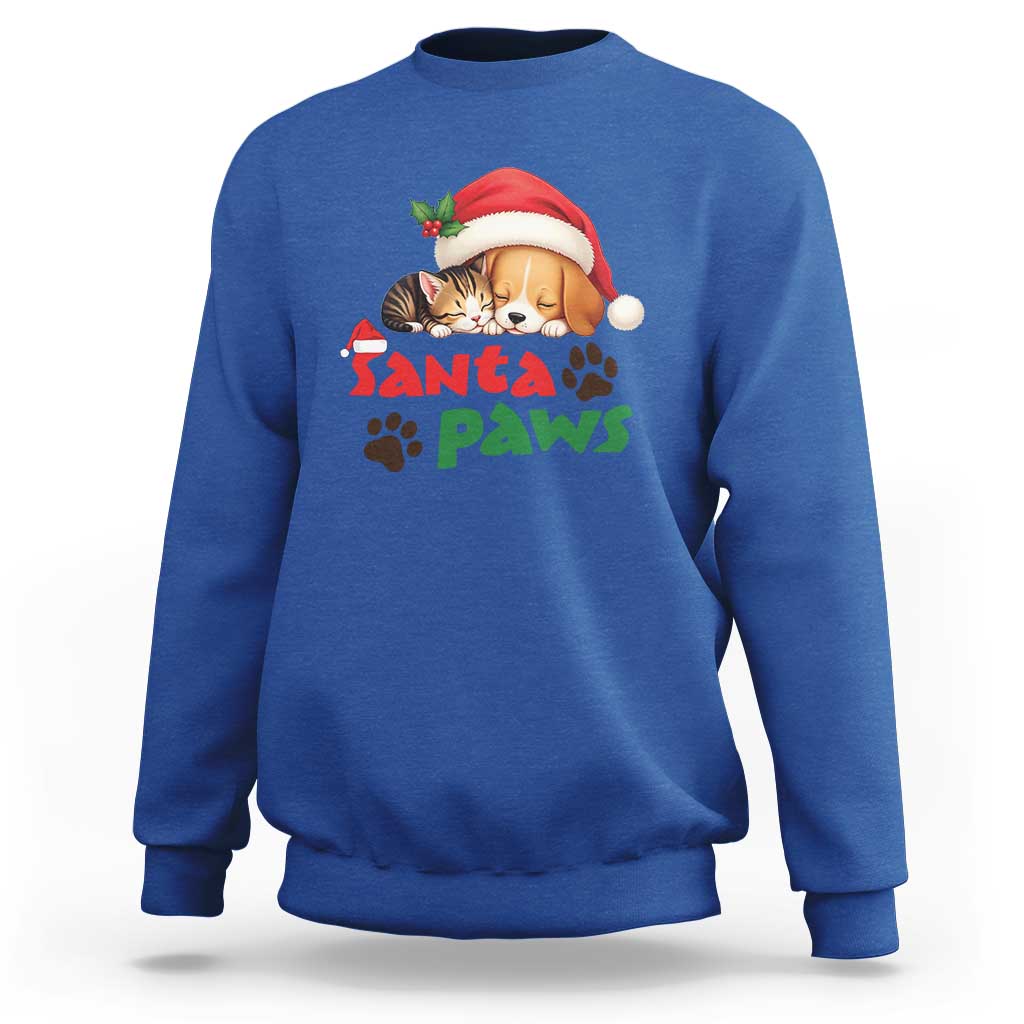 Royal blue crewneck sweatshirt with Santa hat cat graphic and “Santa Paws” paw print design