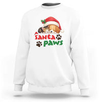 White crewneck sweatshirt with Santa hat cat graphic and “Santa Paws” paw print design