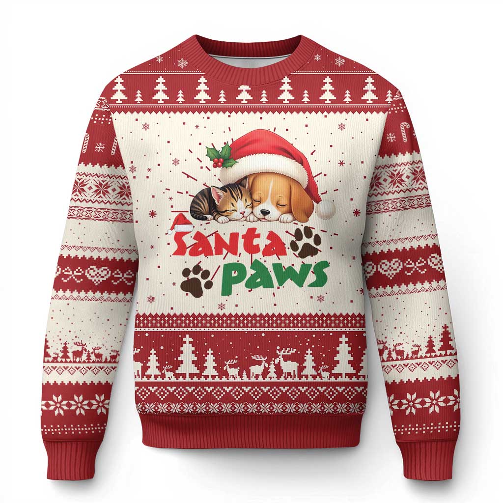 Red and cream Christmas sweater with Santa hat dog and paw graphic