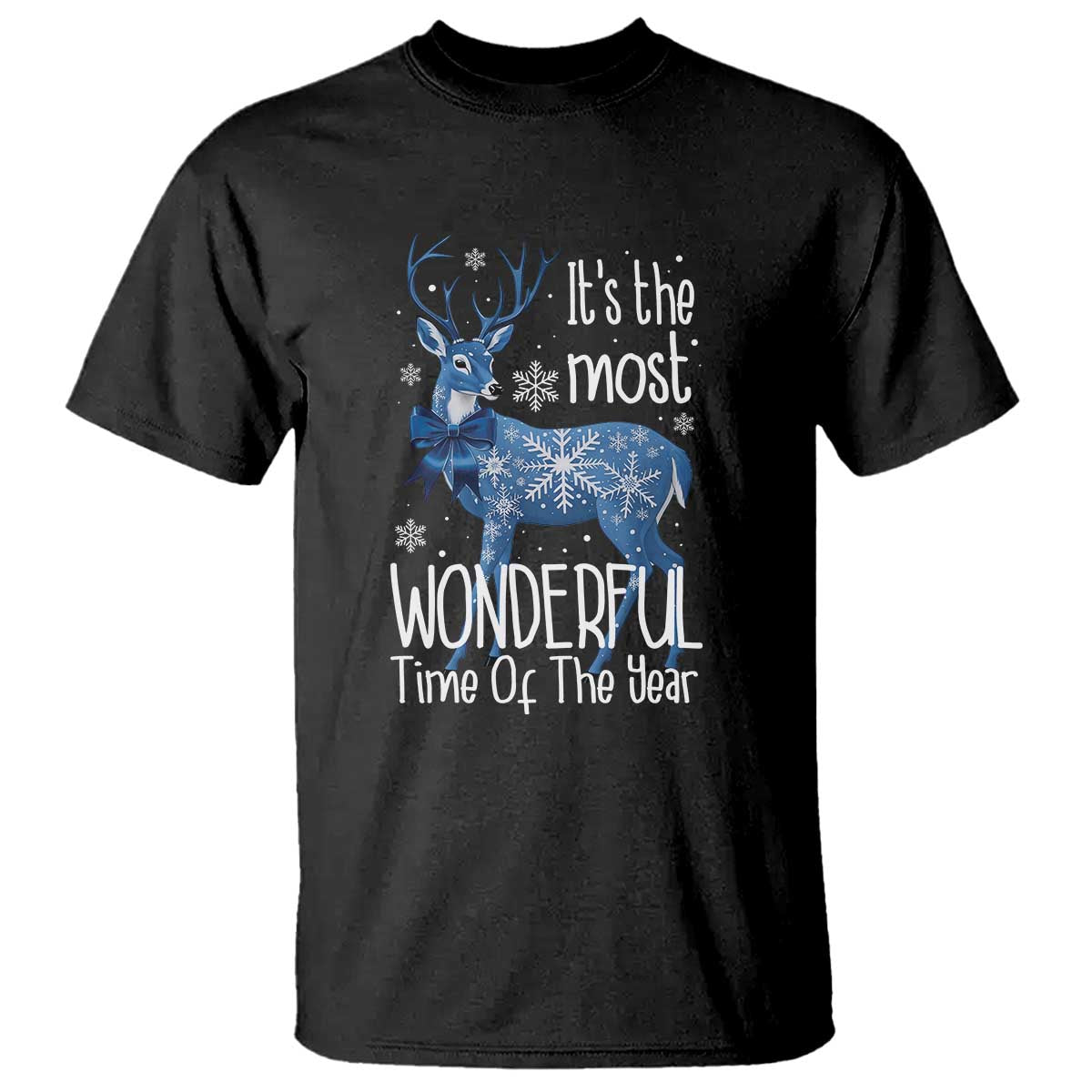 Black Christmas reindeer graphic T-shirt with blue bow and 'Wonderful' text