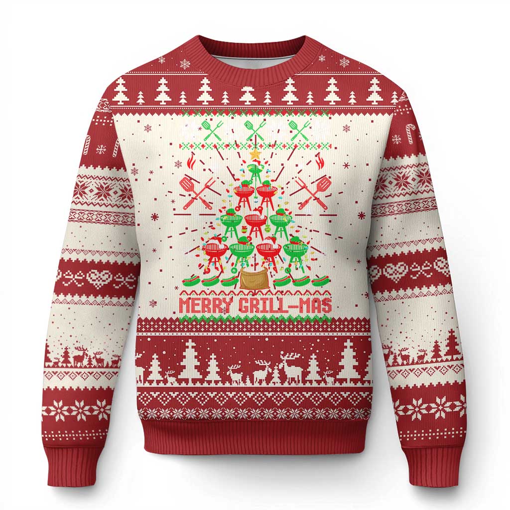 Christmas grilling ugly sweater in red and cream, long sleeves, festive BBQ graphic