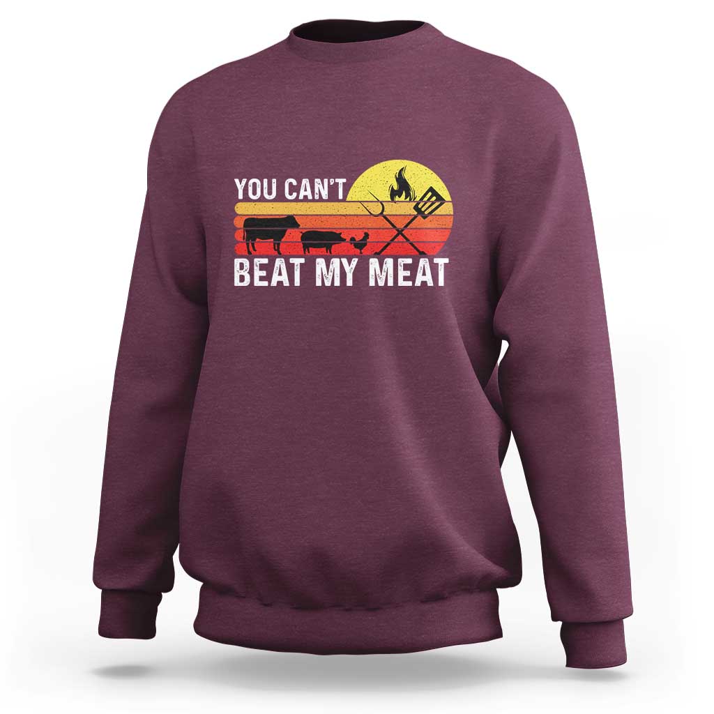 Maroon crewneck sweatshirt with 'YOU CAN'T BEAT MY MEAT' grill graphic