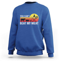 Royal blue crewneck sweatshirt with 'YOU CAN'T BEAT MY MEAT' grill graphic