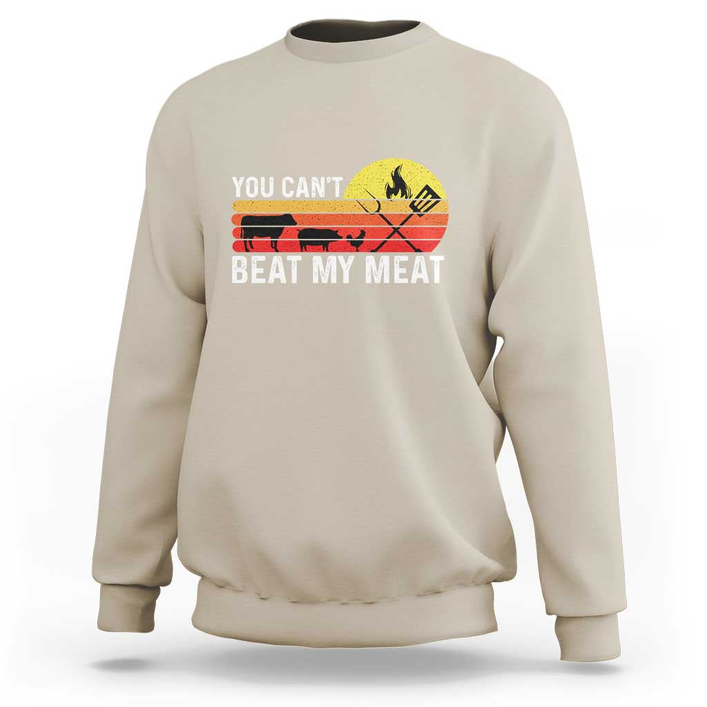 Sand crewneck sweatshirt with 'YOU CAN'T BEAT MY MEAT' grill graphic