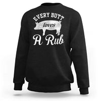 Black sweatshirt with white pig grill graphic and script “A Rub” print on chest