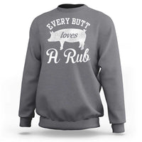 Charcoal gray sweatshirt with white pig grill graphic and script “A Rub” print on chest