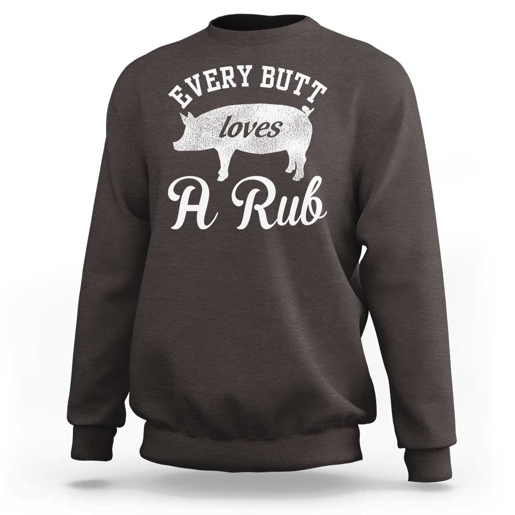 Dark chocolate brown sweatshirt with white pig grill graphic and script “A Rub” print on chest